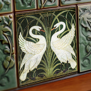 Art Deco zwanen wanddecoratie Art Nouveau groen Tegeltje