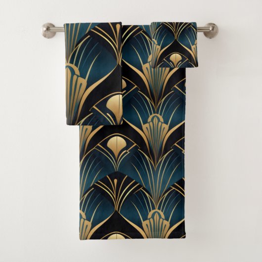 Art Deco Zwart Blauw en Goud symmetrisch Bad Handdoek (Insitu)