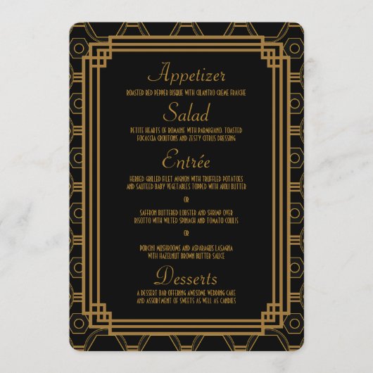 Art Deco Zwart Bruiloft Menu Kaarten (Voorkant)