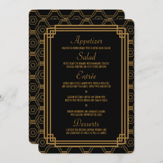 Art Deco Zwart Bruiloft Menu Kaarten (Voorkant / Achterkant)