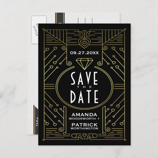 Art Deco  Zwart Bruiloft Save The Date Kaarten (Voorkant / Achterkant)