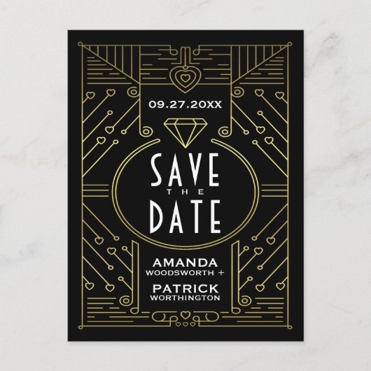 Art Deco  Zwart Bruiloft Save The Date Kaarten (Voorkant)