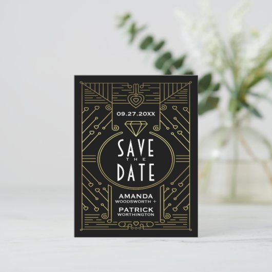 Art Deco  Zwart Bruiloft Save The Date Kaarten (Staand voorkant)