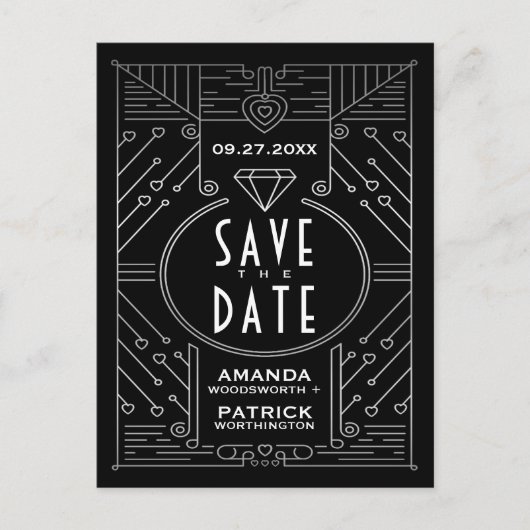 Art Deco Zwart Bruiloft Save The Date Kaarten (Voorkant)