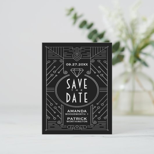 Art Deco Zwart Bruiloft Save The Date Kaarten (Staand voorkant)