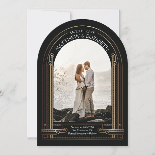 Art Deco Zwart en Bronzen Boog Save the Date Kaart (Voorkant)