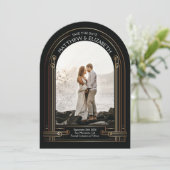 Art Deco Zwart en Bronzen Boog Save the Date Kaart (Staand voorkant)