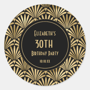 Art Deco Zwart en Goud 30e Verjaardagsfeest    Ronde Sticker