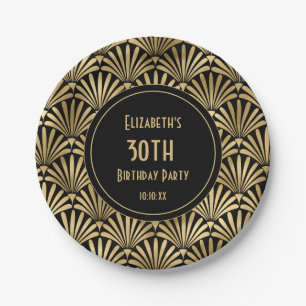 Art Deco Zwart en Goud 30ste Verjaardagsfeest   Papieren Bordje