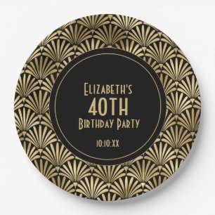 Art Deco Zwart en Goud 40ste Verjaardagsfeestje Papieren Bordje