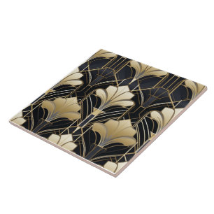 Art Deco Zwart en Goud Bloemen Tegeltje