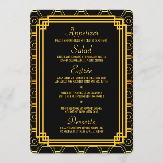 Art Deco Zwart en Goud Bruiloft Menu (Voorkant)