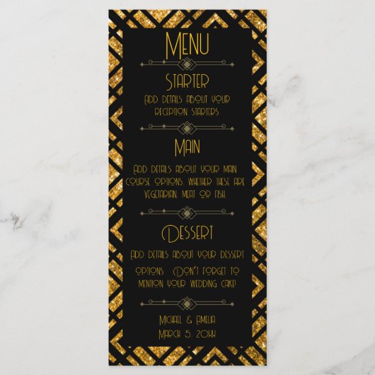 Art Deco Zwart en Goud Bruiloft Menu (Voorkant)