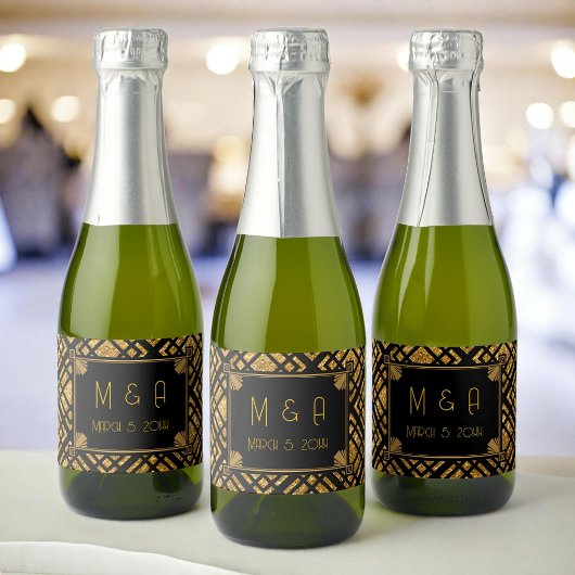 Art Deco Zwart en Goud bruiloft Mini Wijnlabel Sparkling Wijnetiket