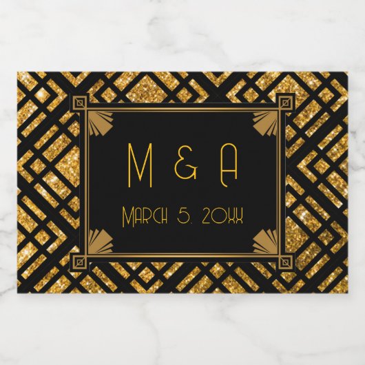 Art Deco Zwart en Goud bruiloft Mini Wijnlabel Sparkling Wijnetiket (Enkel label)