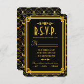Art Deco Zwart en Goud Bruiloft RSVP (Voorkant / Achterkant)