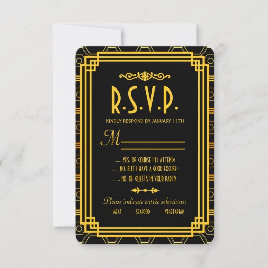 Art Deco Zwart en Goud Bruiloft RSVP (Voorkant)