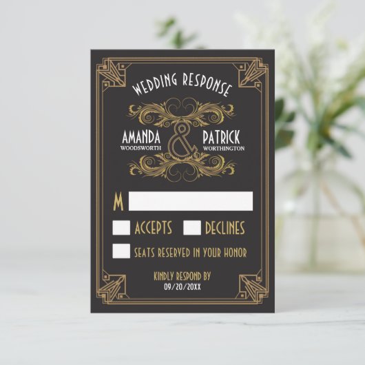 Art Deco  Zwart en Goud Bruiloft RSVP Kaarten Kaartje (Staand voorkant)