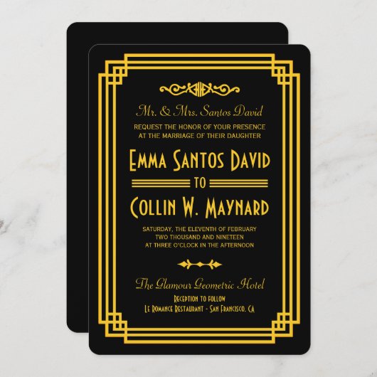 Art Deco Zwart en Goud Bruiloft Uitnodigingen (Voorkant / Achterkant)