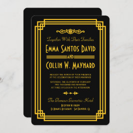 Art Deco Zwart en Goud Bruiloft Uitnodigingen