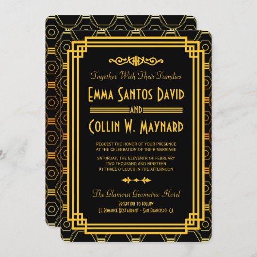 Art Deco Zwart en Goud Bruiloft Uitnodigingen (Voorkant / Achterkant)