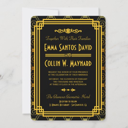 Art Deco Zwart en Goud Bruiloft Uitnodigingen (Voorkant)