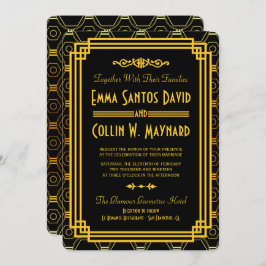 Art Deco Zwart en Goud Bruiloft Uitnodigingen