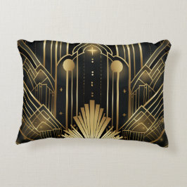 Art Deco Zwart en Goud - Elegant Vintage Geometrie Accent Kussen