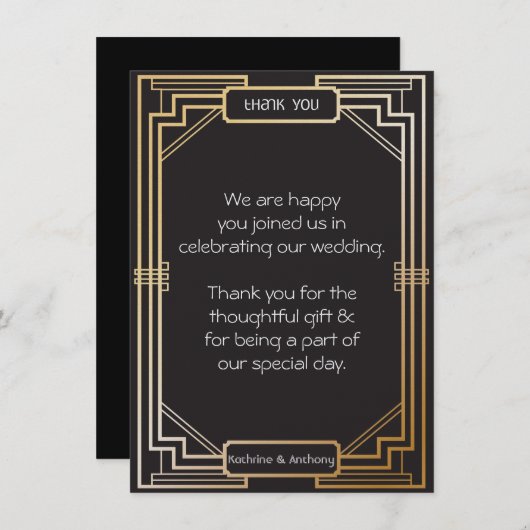 Art Deco Zwart en Goud Gatsby Bedankt Kaart (Voorkant / Achterkant)