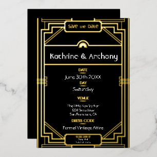 Art Deco Zwart en Goud Gatsby Save the Date Folie Uitnodiging