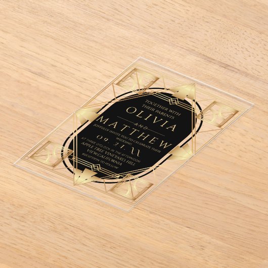Art Deco zwart en goud geometrische bruiloft Acryl Uitnodigingen (Laagn)