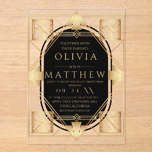 Art Deco zwart en goud geometrische bruiloft Acryl Uitnodigingen (Voorkant)