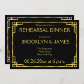 Art Deco Zwart en Goud Huwelijksrepetitie Uitnodig Kaart (Voorkant / Achterkant)