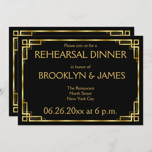 Art Deco Zwart en Goud Huwelijksrepetitie Uitnodig Kaart (Voorkant / Achterkant)