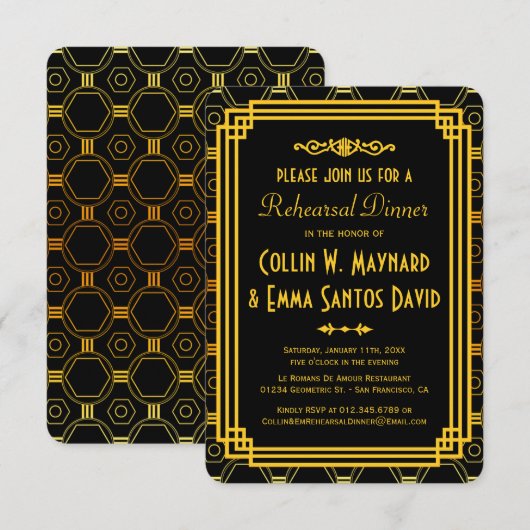 Art Deco Zwart en Goud Repetitie Diner Kaart (Voorkant / Achterkant)