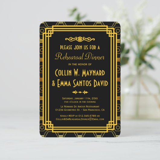 Art Deco Zwart en Goud Repetitie Diner Kaart (Staand voorkant)