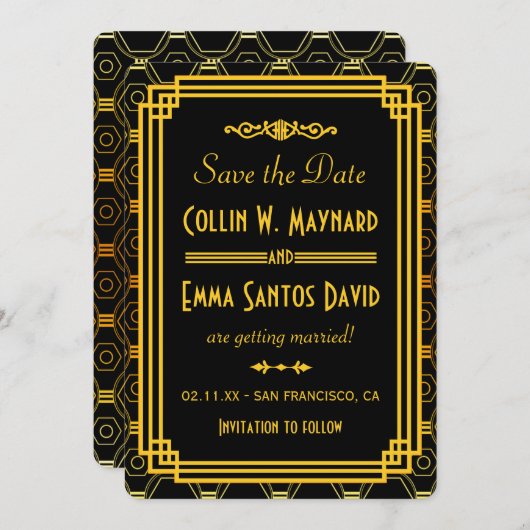 Art Deco Zwart en Goud Save The Date Kaart (Voorkant / Achterkant)