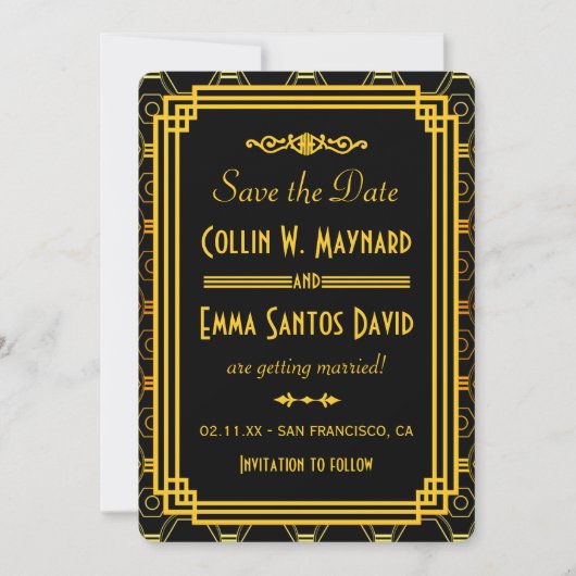 Art Deco Zwart en Goud Save The Date Kaart (Voorkant)
