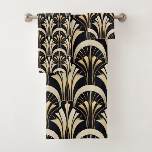 Art Deco Zwart en Goud symmetrisch Bad Handdoek (Insitu)