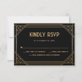 Art Deco Zwart en Goud Trouwen QR Code RSVP Card Bedankkaart (Voorkant)