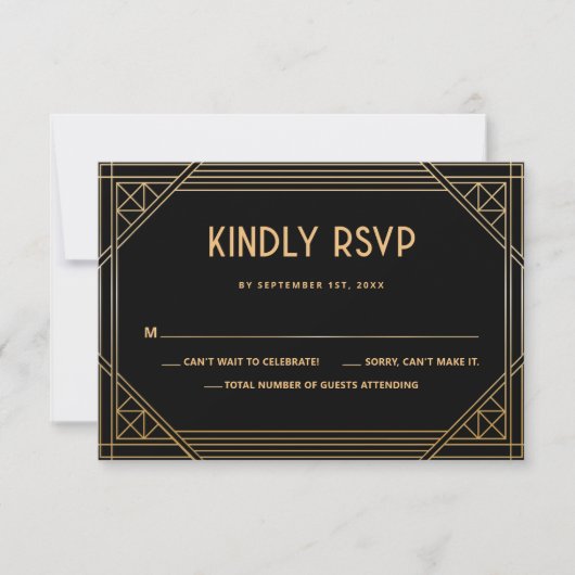 Art Deco Zwart en Goud Trouwen QR Code RSVP Card Bedankkaart (Voorkant)