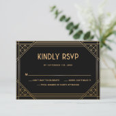 Art Deco Zwart en Goud Trouwen QR Code RSVP Card Bedankkaart (Staand voorkant)