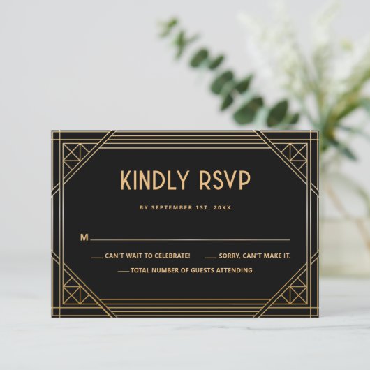 Art Deco Zwart en Goud Trouwen QR Code RSVP Card Bedankkaart (Staand voorkant)