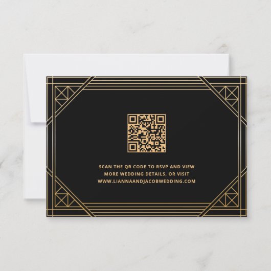 Art Deco Zwart en Goud Trouwen QR Code RSVP Card Bedankkaart (Achterkant)