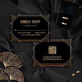 Art Deco Zwart en Goud Trouwen QR Code RSVP Card Bedankkaart