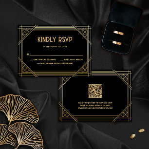 Art Deco Zwart en Goud Trouwen QR Code RSVP Card Bedankkaart