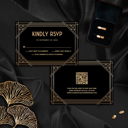 Art Deco Zwart en Goud Trouwen QR Code RSVP Card Bedankkaart