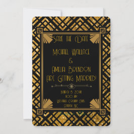 Art Deco Zwart en Goud Trouwen Save the Date Kaart