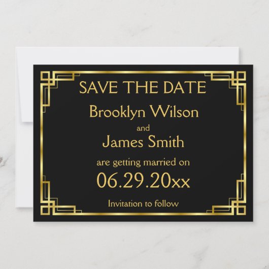 Art Deco Zwart en Goud Trouwen Save The Date Kaart (Achterkant)