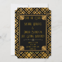 Art Deco Zwart en Goud Trouwen Save the Date Kaart